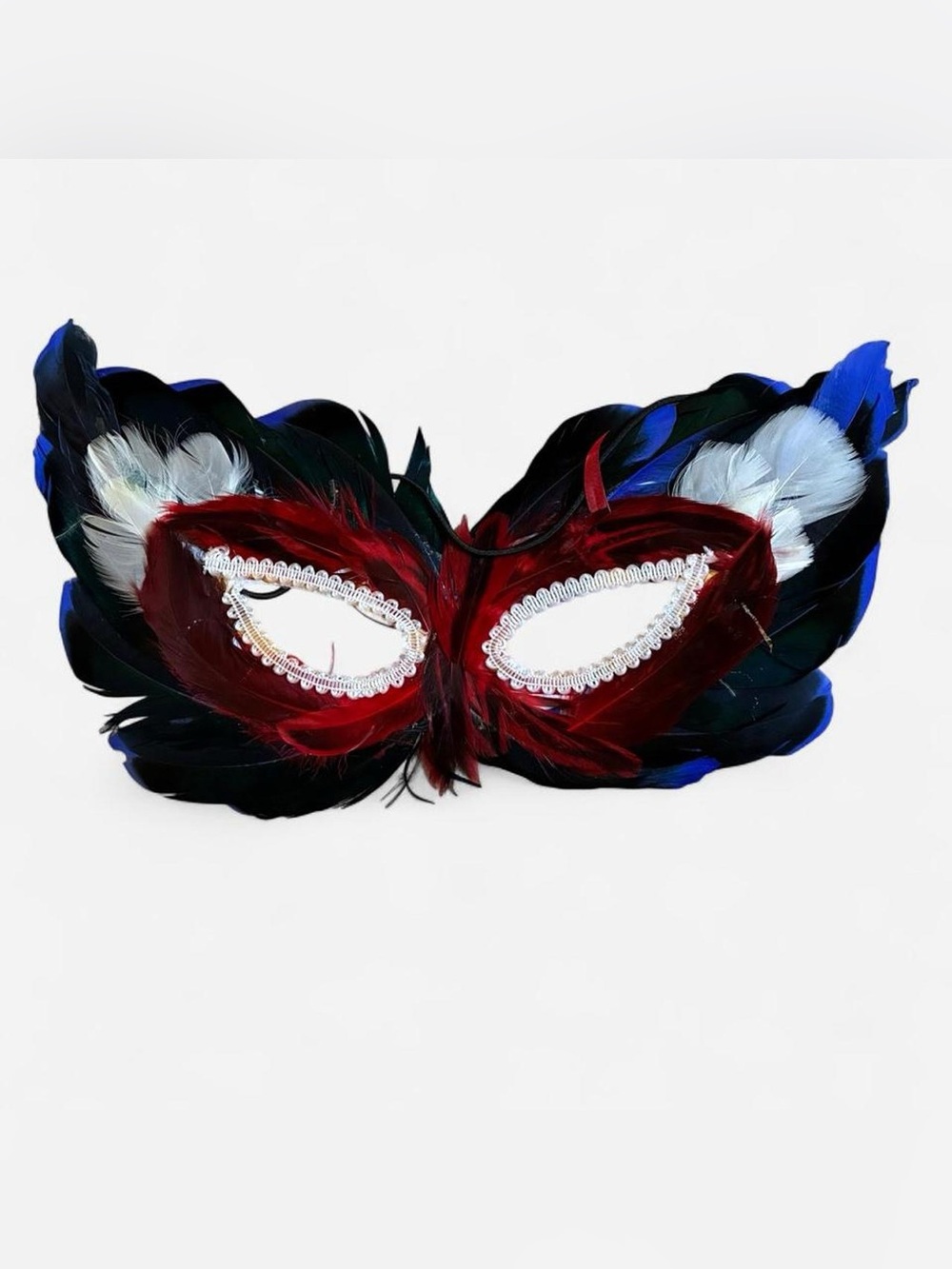 Feathered Masquerade Eye Mask in Red , White and Blue
